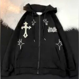 Embroidered Cross Flame Hooded sweater, Casual Top Black, Size: 160-165